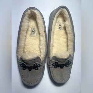 UGG Gray Suede Shearling-Lined Moccasins with Black Bow Detail
